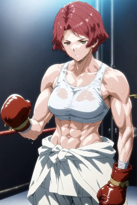 1girl, solo, young mature, yukinakabaneri, green eyes, short hair, red hair, slender, muscular female, boxing gloves, white tank top, clothes around waist, white pants, breasts, midriff, abs, sweating