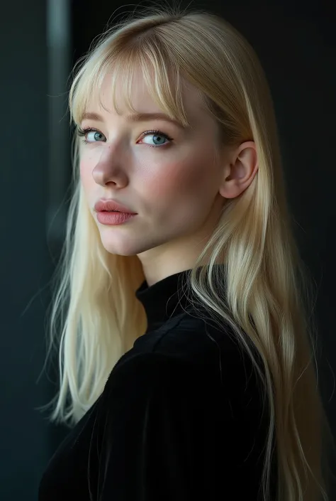 Full side head profile shot, head profile view, studio photograph, face shot, A captivating young woman, who is a harmonious blend of elegant features and youthful charm, goth girl, goth aesthetics, straight hair, bang, blonde, long hair, capture the subje...