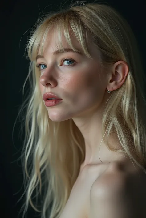 Full side head profile shot, head profile view, studio photograph, face shot, A captivating young woman, who is a harmonious blend of elegant features and youthful charm, goth girl, goth aesthetics, straight hair, bang, blonde, long hair, naked, topless, b...