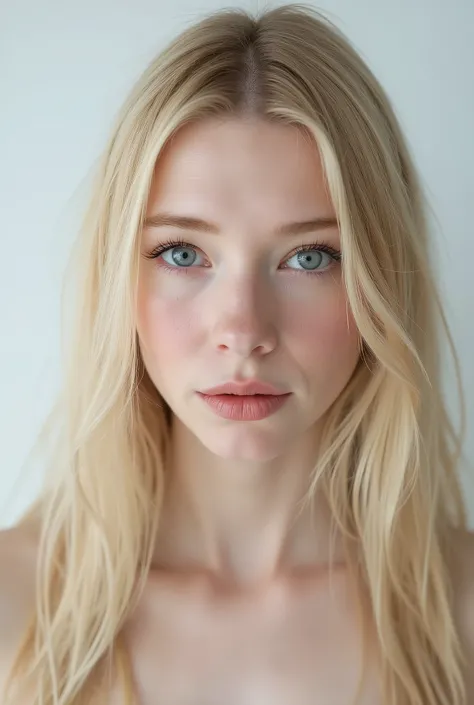 Full frontal face shot, studio photograph, face shot, closeup, A captivating young woman, who is a harmonious blend of elegant features and youthful charm, goth girl, goth aesthetics, straight hair, blonde, long hair, naked, topless, bare skin, sparkling e...