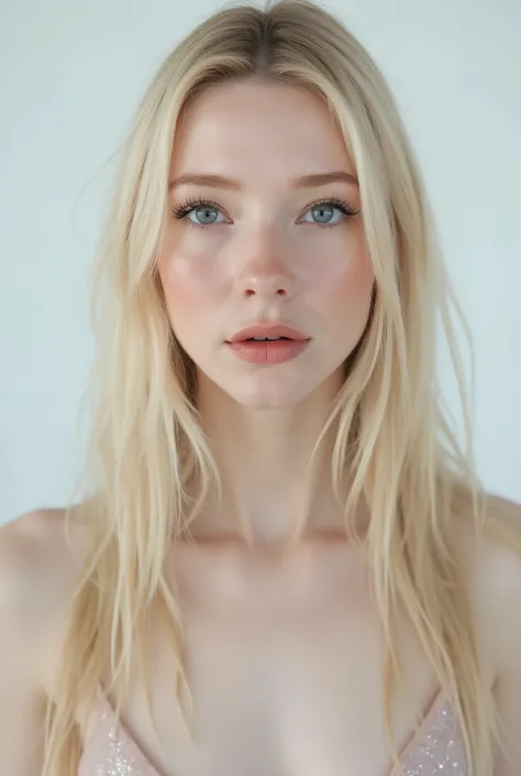 Full frontal face shot, studio photograph, face shot, closeup, A captivating young woman, who is a harmonious blend of elegant features and youthful charm, goth girl, goth aesthetics, straight hair, blonde, long hair, naked, topless, bare skin, sparkling e...