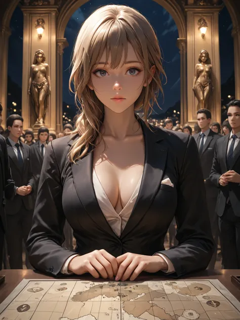 masterpiece, Highest Quality, solo, Single Girl, woman in suit, auction, auction Hall, upper body, night, Front Map, Staring at the Audience, behind a large bronze statue,soft touch,Delicate Body Curves,Realistic Human Body,