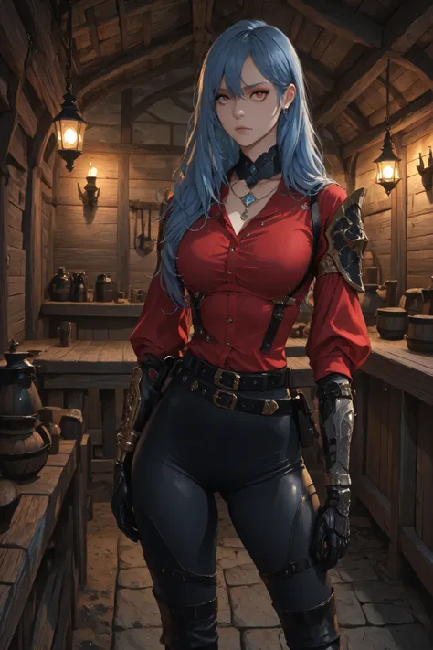 score_9, score_8_acima, score_7_acima, obra-prima, alta qualidade, super detailed, cor brilhante, poor lighting, cinematographic lighting, 1 woman, alone, Caera Denoir, (royal blue hair), long hair, red eyes, tight white blouse with golden buttons, high-wa...