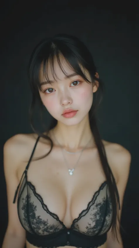A seductive young Japanese woman in her early 20s, with long straight black hair in a low ponytail and bangs framing her face, large almond-shaped eyes with long curled lashes and subtle pink eyeshadow, soft pink blush on cheeks, natural pink lips with a g...