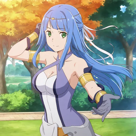 <lora:Artemis-000018:0.7>Artemis,normal suit,solo,looking at viewer,smile,adjusting hair,floating hair,cleavage,outdoors,park,