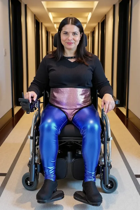 A woman is in the hall of a hotel, the hotel is formal and modern with futuristic Jade stone design, the woman is 36 years old and has a moderate belly, she is 240 pounds, the woman wears a black shiny silk sweater and blue shiny metallic vinyl rubber legg...