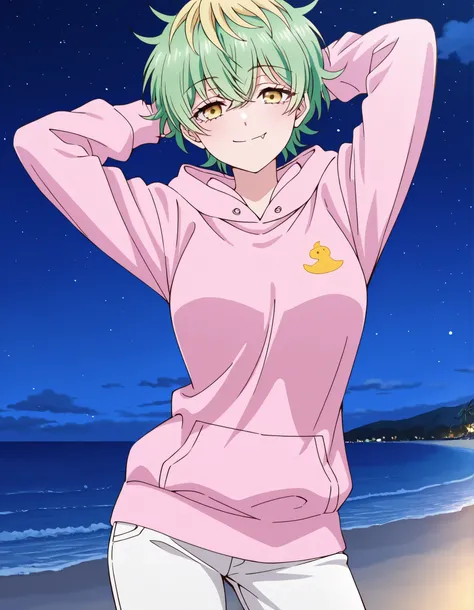 EBMiwa, medium breasts, solo, smile, short hair, green hair, blonde hair, yellow eyes, multicolored hair, two-tone hair, streaked hair, fang, ,long sleeves, pink hoodie, hood down, long sleeves, white pants, high quality, solo, shiny skin, night sky, beach...