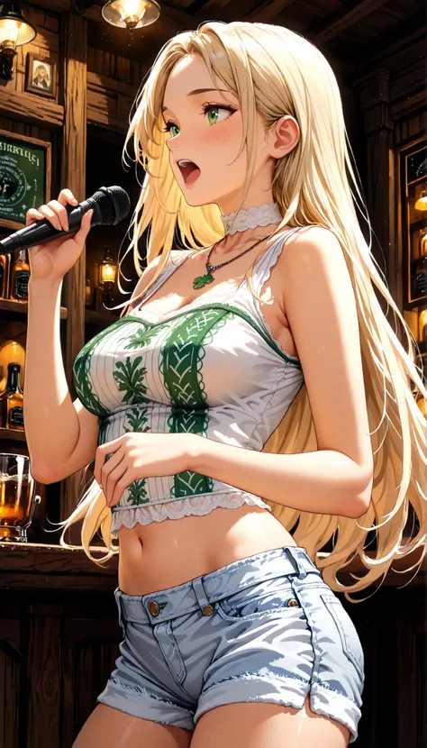  ,
Irish girl, (traditional Irish folk singer),(cowboy shot),(sideview), (looking upward:0.6 ), singing emotionally ,(blush:0.5),
A girl, pale blonde hair, (forehead:0.8),(straight long hair), greenish-hazel eyes, (huge breasts:0.5),(cleavage:0.6),( white ...