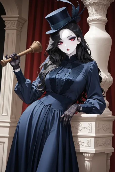 masterpiece, 1girl, solo, beautiful woman, pale white skin, eyeshadow and eyeliner, red_eyes, black painted_nails, black hair, wavy hair, dark blue dress, jacket, dark blue skirt, lapels, dark blue clothing, satin, (white center frills) high collar, puffy ...