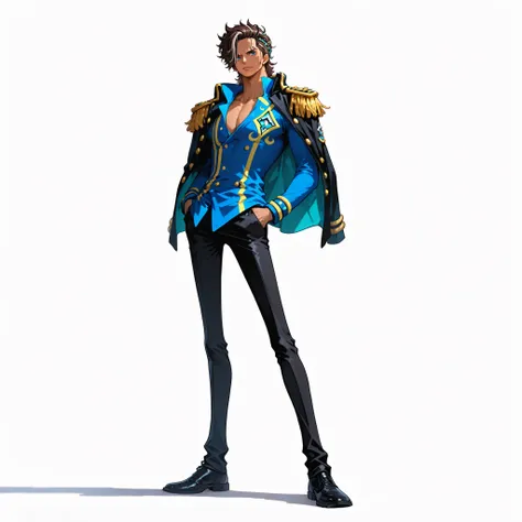 (male), (man), (slim body, dark skin), (brown hair), (mullet classic hairstyle), (blue eyes), (solo), (single character), (full body version), (white background), (no background), (highly detailed), (shadow), (standing pose), (natural light), (detailed out...