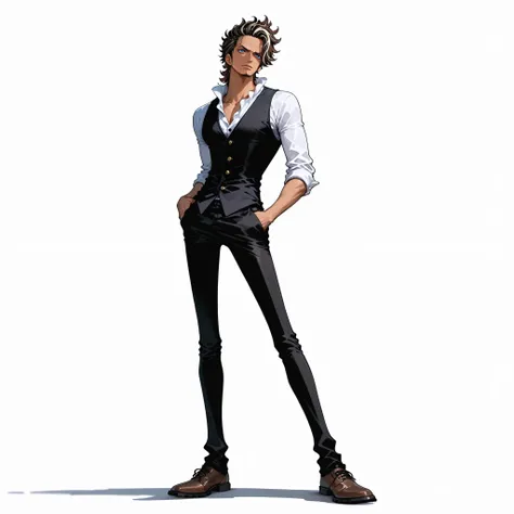 (male), (boy, dark skin), (slim body), (brown hair), (mullet classic hairstyle), (blue eyes), (solo), (single character), (full body version), (white background), (no background), (highly detailed), (shadow), (standing pose), (natural light), (detailed out...