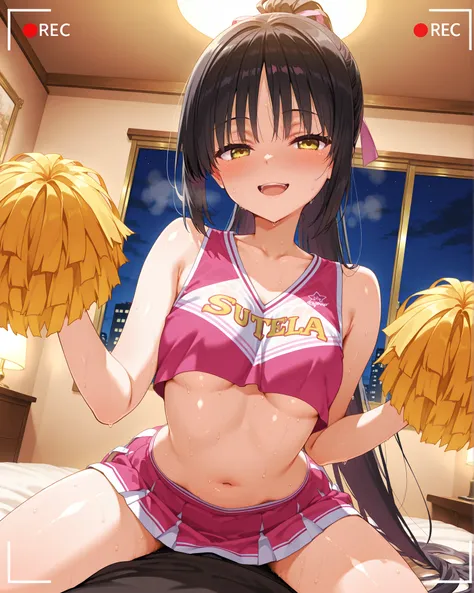 very long hair, black hair, yellow eyes,
shiki natsume, cafe stella to shinigami no chou, muririn,,
solo, 1girl, small breasts,
スコア_9, スコア_8_アップ, スコア_7_アップ, スコア_6_アップ, スコア_5_アップ, スコア_4_アップ, 最高品質, 傑作, 超詳細, 高品質,
pink cheerleader, yellow pompoms.
high...