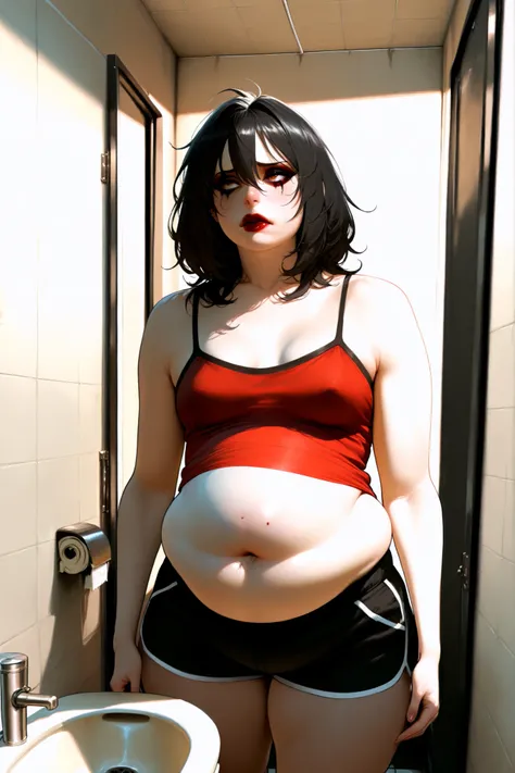 (krysten ritter standing near the sink in a public restroom), 1girl, solo, (semi realistic style),(small breasts) , (red lipstick) (heavy dark makeup) wearing camisole with a fat pig on it and black short shorts, dynamic corner, indoors , (weight conscious...
