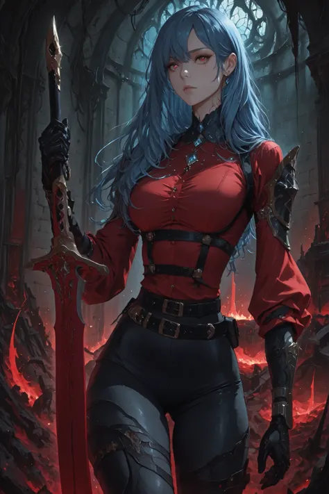 score_9, score_8_acima, score_7_acima, obra-prima, alta qualidade, super detailed, cor brilhante, poor lighting, cinematographic lighting, 1 woman, alone, Caera Denoir, (marine blue hair), long hair, bangs, red eyes, tight white blouse with golden buttons,...