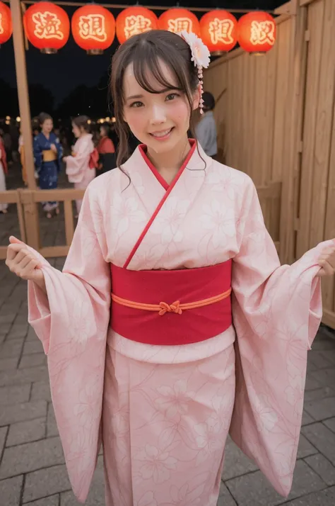 Woman in a traditional kimono, sweating while hitting Taiko on the festival stage, Her movements are in perfect rhythm.
