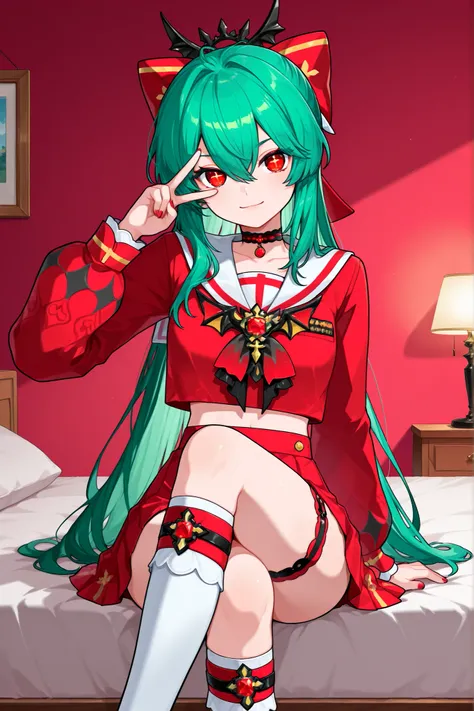 Apichaya Chaipattama,in room,sitting bed,peace sign,peace over eye,v over eye,red eyes,cross legs, cross-shaped pupils, green hair, long hair, hair between eyes, red nails, red serafuku, black choker, ascot, gem, midriff, puffy long sleeves, thigh strap, w...