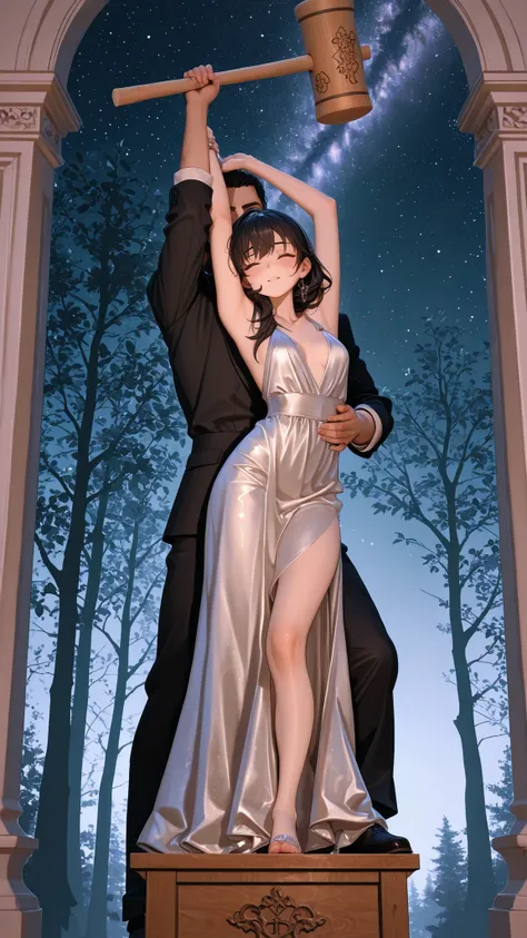 3DMM,morimee_style,cute face,bdsm outfit,(masterpiece, detailed:1.2),It is placed against the late-night forest and starry sky in the background to add a dramatic atmosphere to the scene {x} The auctioneer is a very woman in a white evening dress depicted ...
