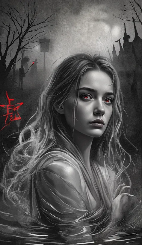 High-contrast black and white woodcut-style illustration with extremely intricate details. A ghostly lady, a drowned girl with red eyes, in a bathing suit, climbs out of a swimming pool at night. It's raining in Japan. This image is depicted in delicate, s...