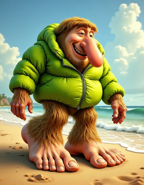 "A large, whimsical creature with an oversized nose and enormous feet playfully stomps along a sandy beach, wearing a bright neon green puffer jacket. It’s making a ‘brr brr patapim’ sound, looking jovial and slightly clumsy, creating a lighthearted and am...