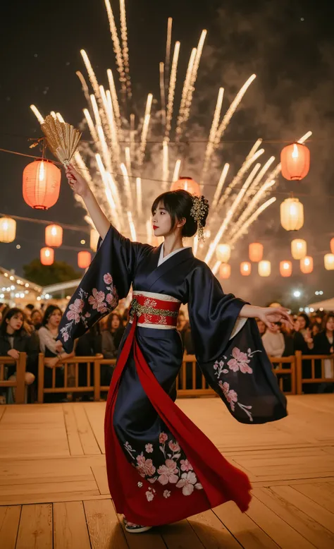 Beautiful Japanese woman of extraordinary beauty gracefully dancing on a traditional stage during a night matsuri, perfectly symmetrical face with delicate features and flawless porcelain skin with realistic texture, expressive almond-shaped eyes shining u...