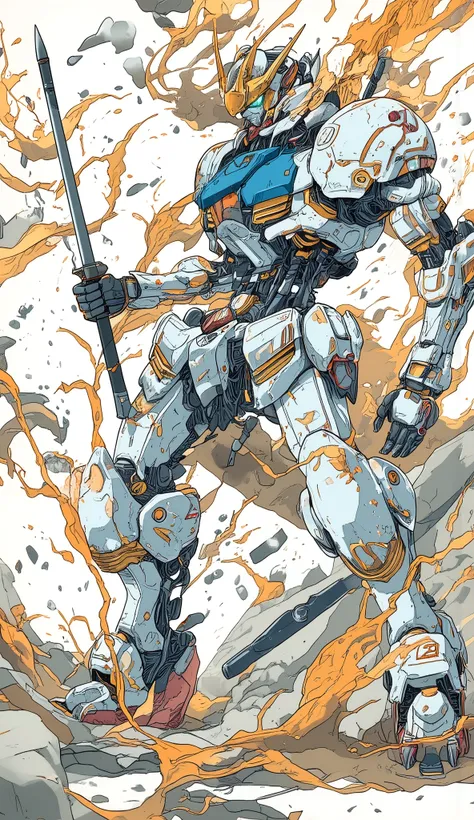 Gundam_Barbatos, B4RBAT0S、Dynamic Poses、Action Pose、Keren flavor、Dynamic、holding a Japanese sword、 Iai Kari、Dynamic、Athlete's silhouette、simple white background