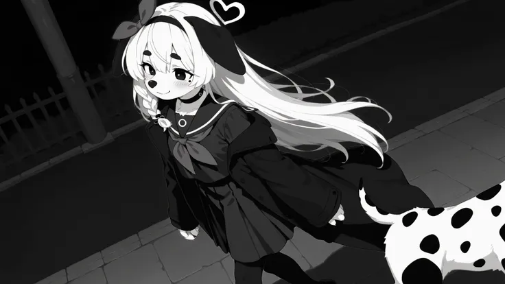 black eyes,long hair, white hair,braid,bow hairband,heart halo,choker,black serafuku,sailor collar,black long coat,skirt, black pantyhose, 1girl, anthro, furry, dog, dalmatian, black and white fur, black eyes, black spots, black nose spots, black eyebrows,...