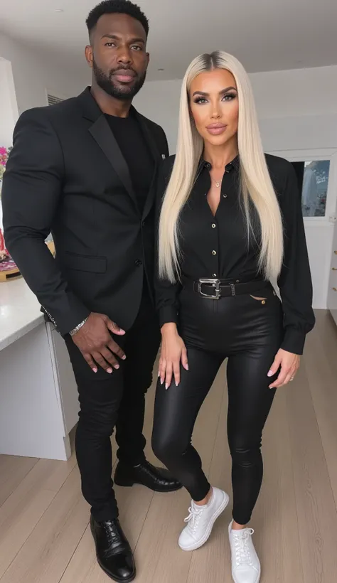 Kim Kardashian mit Long glattem , blonde hair in tight-fitting, black cotton shirt with collar and buttons and large cleavage , , wide black belt , ,in very tight black cotton leggings and white sneakers , Kim is standing in a modern kitchen, standing ...