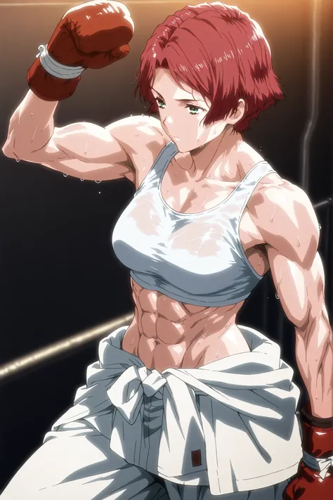 1girl, solo, young mature, yukinakabaneri, green eyes, short hair, red hair, slender, muscular female, boxing gloves, white tank top, clothes around waist, white pants, breasts, midriff, abs, sweating