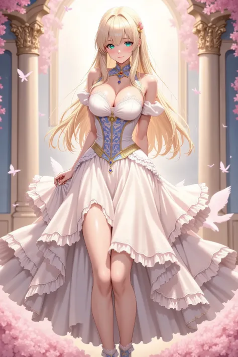 1girl, solo, full body, standing, fantasy setting, anime style, detailed shading, soft lighting, masterpiece, best quality, princess dress, frills, lace, wide skirt, pastel colors, elegant