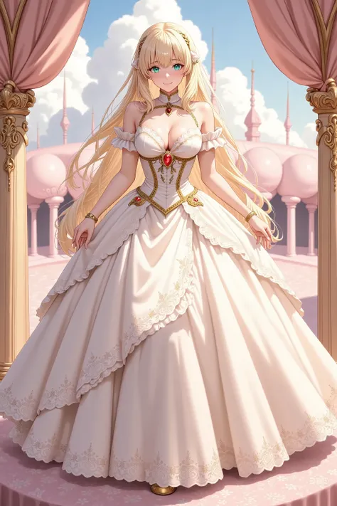 1girl, solo, full body, standing, fantasy setting, anime style, detailed shading, soft lighting, masterpiece, best quality, princess dress, frills, lace, wide skirt, pastel colors, elegant