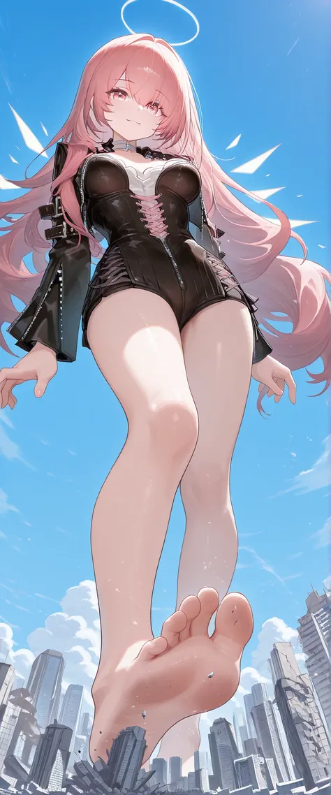 1girl, solo, FootWorship, lemuen_\(arknights\), pink eyes, pink hair, straight_hair, white halo, energy wings, white choker, cropped jacket, cross-laced dress, bustier, belt buckle, arm belt, zipper, white_shirt, flower_ornament, giantess, Only one girl, (...