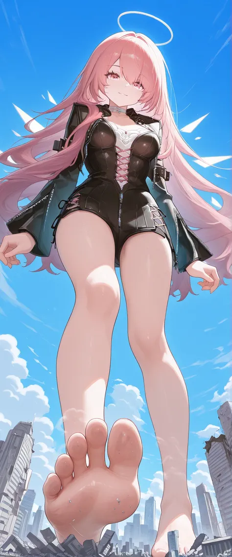 1girl, solo, FootWorship, lemuen_\(arknights\), pink eyes, pink hair, straight_hair, white halo, energy wings, white choker, cropped jacket, cross-laced dress, bustier, belt buckle, arm belt, zipper, white_shirt, flower_ornament, giantess, Only one girl, (...