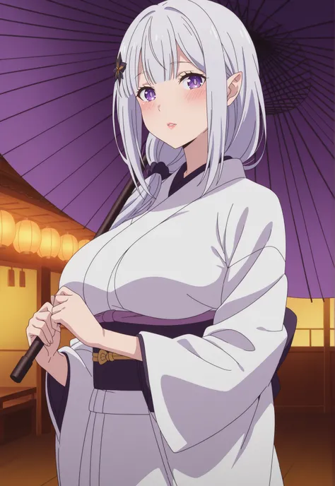 newest , masterpiece , anime screencap , anime coloring , adult ReZero, Solo, long dress, Satella, Anime, 1girl, Mature Female, pointy ears, hair ornament, blush, silver hair, long hair, lips, purple eyes, big breast, view detailed body, japanese clothes, ...