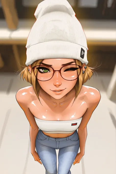 red rimmed glasses, short hair, green eyes, blonde hair, masterpiece, best quality, very aesthetic, movie quality, depth of field,soft saturation, focused subject, ,official style, shiny skin, 1girl, dark eyeliner, high top beanie, (darcy redd), shirow mas...