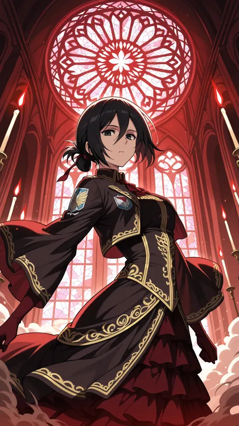 BREAK (masterpiece:1.2),Endless gothic library with floating candles,
dust drifting in the air,
massive shelves stretching into darkness,
soft red light from distant stained glass,
mystical and eerie atmosphere, mikasa ackerman, black hair, black e...