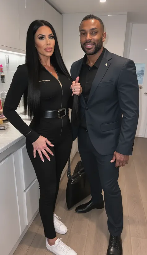 Kim Kardashian mit Long glattem  , black hair in tight-fitting, black cotton shirt with collar and buttons and large cleavage , ,  wide black belt  ,  ,in very tight black cotton leggings and white sneakers , Kim is standing in a modern kitchen, standing n...