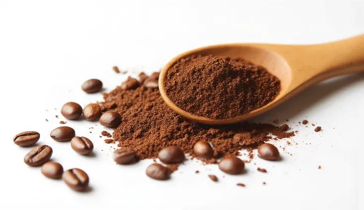 A high-resolution, ultra-detailed close-up photograph of roasted coffee beans scattered on a clean white background, with a wooden spoon resting among them filled with finely ground coffee. The image captures the glossy texture and rich brown tones of the ...