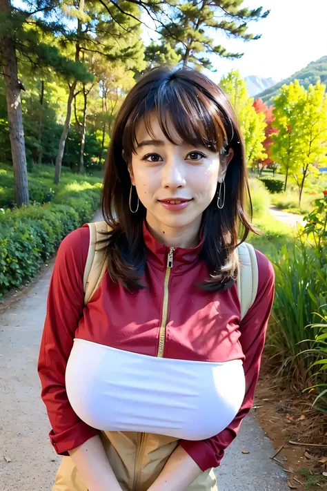 masterpiece,Highest Quality,Ultra High Definition, ONE WOMAN,huge breasts,sexy,I'm wearing a cute winter hiking suit,Sunlight shining into the mountain path,Let's take a big mountaineering rucksack,