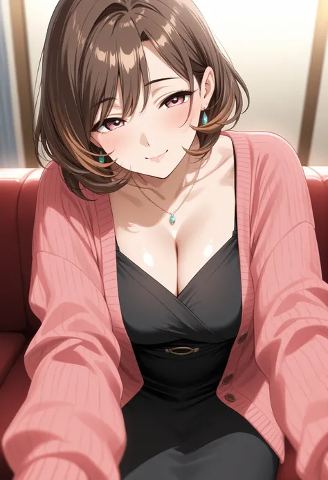 high image quality　 Highlights on the skin　Beautiful Woman　Japanese　married woman　35 year old female　MATURE WOMAN　brown hair　glamour　sexy　kissing faces　happy expression　living room　Put your hands on the couch　upper eye use　Cardigan　Extend your arms towards...