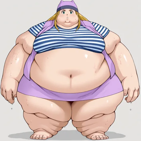 digimon frontier, izumi orimoto, 1girl, blonde hair, solo, striped shirt, green eyes, skirt, long hair, striped, navel, hat, shirt, midriff, looking at viewer, jacket, long jacket, crop top, miniskirt, purple shirt, short sleeves, blank_stare, empty_stare,...