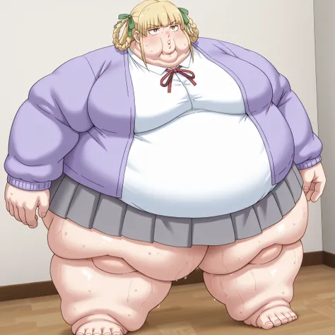 1girl, white shirt, school uniform, brown eyes, skirt, breasts, blonde hair, purple jacket, blank_stare, empty_stare,  fat, chubby, obese, gigantic arms and legs, large breasts, sweating, wet body, swollen face, Fat_neck , Fat head , eyes with crushed chee...