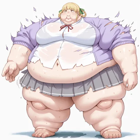 1girl, white shirt, school uniform, brown eyes, skirt, breasts, blonde hair, purple jacket, blank_stare, empty_stare,  fat, chubby, obese, gigantic arms and legs, large breasts, sweating, wet body, swollen face, Fat_neck , Fat head , eyes with crushed chee...