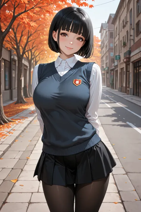 1girl, standing, arms behind back, tilt head, cowboy shot,
BREAK girl , 22yo, short hair, Bob Cut, ear, (Blunt bangs), black hair, (I love:1.2), detailed cute brown eyes, curled eyelashes, (large breasts:0.8),
beautiful eyes, beautiful face,
sweater vest, ...