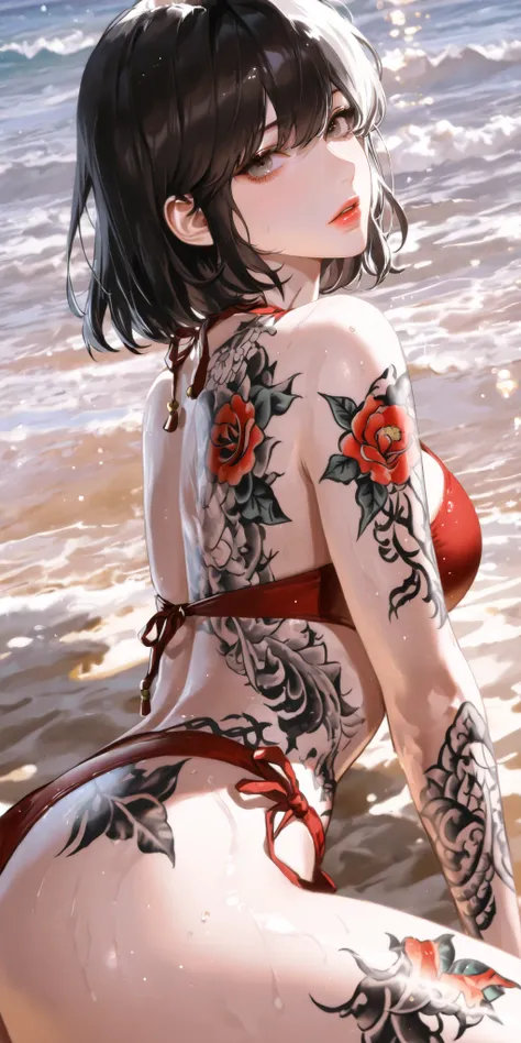 ((Masterpiece)), solo, beautiful adult woman, han sooyoung, beach, red bikini, whole body tattoo, short hair, gray eyes