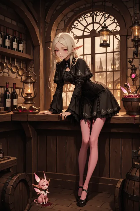masterpiece after sex, high quality, detailed depiction, fantasy style elf tavern, gothic fairy, Long pointed ears, Exquisite Face, Mysterious Smile, dark gothic decoration, Lace Trim, pink pantyhose, Long legs, wooden pub interior, Ancient wine cask, hang...