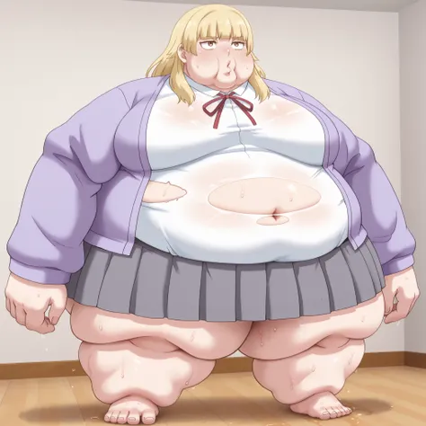 1girl, white shirt, school uniform, brown eyes, skirt, breasts, blonde hair, purple jacket, blank_stare, empty_stare,  fat, chubby, obese, gigantic arms and legs, large breasts, sweating, wet body, swollen face, Fat_neck , Fat head , eyes with crushed chee...