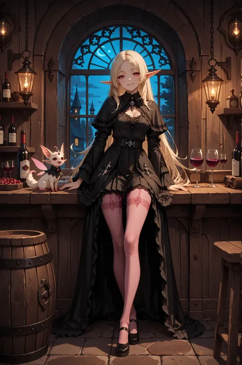 masterpiece after sex, high quality, detailed depiction, fantasy style elf tavern, gothic fairy, Long pointed ears, Exquisite Face, Mysterious Smile, dark gothic decoration, Lace Trim, pink pantyhose, Long legs, wooden pub interior, Ancient wine cask, hang...