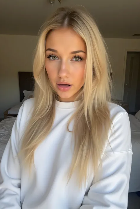  1girl , en petite tenue dans sa bedroom,  blonde woman, long hairstyle, lips, Gros tour de cou, eye-liner, eye shadow, mascara, smoky eyes, bedroom, natural lighting, visage parfait, emo, big , white sweatshirt