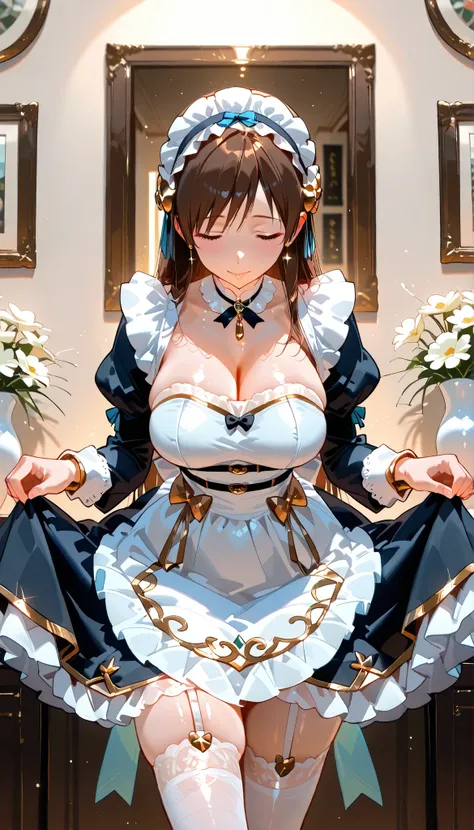 Best Quality, ultra detailed, masterpiece, 8k, 16k, Wallpaper, Anatomically correct, fine detailed skin, fine detailed eyes, fine detailed hair, fine detailed hands, Accurate hands, 1 girl, (nitta minami), solo, maid, medium chest, light-smile, curtsey, bo...