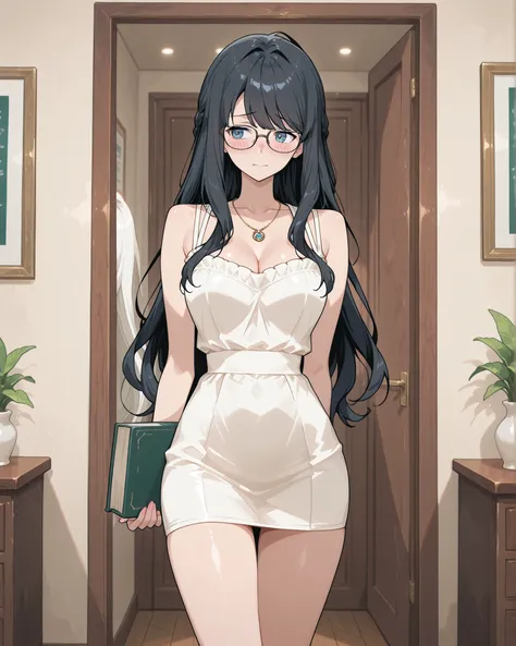 Shy,  her teacher wearing glasses, Her waist is slim，A graceful figure, She's wearing a necklace around her neck, She's wearing a sleeveless white mini dress, She's standing in the room, She's holding a book、super long hair